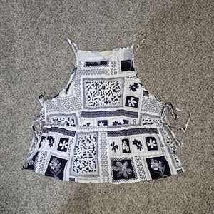 Monteau Womens XL Blue White Linen Blend Floral Tank Top Patchwork Cottagecore